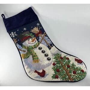 Vtg Wool Needlepoint Christmas Stocking Snowman Cardinal Blue White 17" Velvet